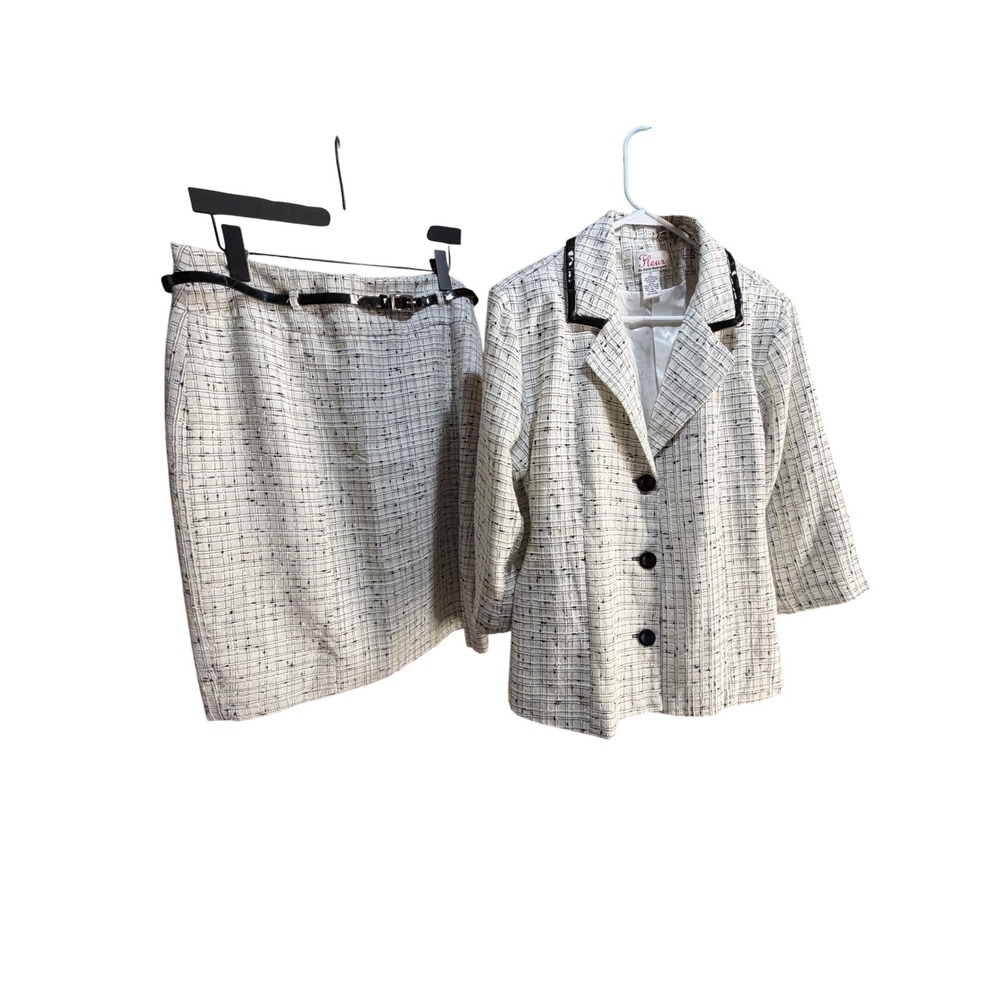 Fleur by David Rodriguez Ivory Black Tweed Skirt Suit Set Blazer Skirt Sz 16